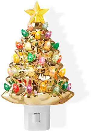 Casafield Ceramic Christmas Tree Night Light - Gold Plug-in Vintage Christmas Decorative Night Light with 28 Bulbs and Star Topper