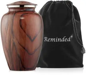 Reminded Adult Cremation Memorial Urn for Human Ashes, Cherry Wood Grain Brass Funeral Urn with Velvet Bag