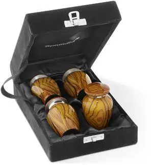 Reminded Small Cremation Keepsake Urns for Human Ashes, Set of 4 Teak Wood Grain Miniature Urns with Velvet Case and Bags