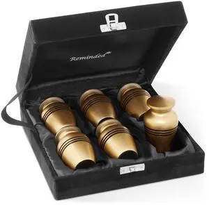 Reminded Small Cremation Keepsake Memorial Urns for Human Ashes, Set of 6 Gold and Black Striped Miniature Urns with Velvet Case and Bags