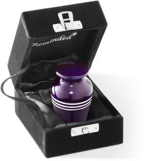 Reminded Small Cremation Memorial Urn for Human Ashes, Purple with Silver Striped Miniature Keepsake Urn with Velvet Case