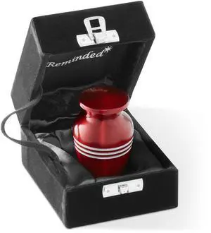 Reminded Small Cremation Memorial Urn for Human Ashes, Red with Silver Striped Miniature Keepsake Urn with Velvet Case