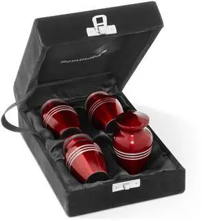 Reminded  Small Cremation Keepsake Memorial Urns for Human Ashes, Set of 4 Red and Silver Striped Miniature Urns with Velvet Case and Bags