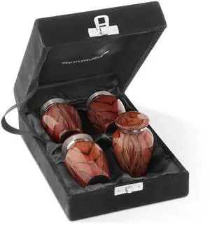 Reminded Small Cremation Keepsake Urns for Human Ashes, Set of 4 Cherry Wood Grain Miniature Urns with Velvet Case and Bags