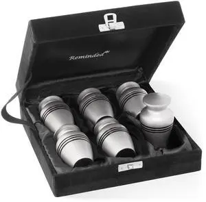 Reminded Small Cremation Keepsake Memorial Urns for Human Ashes, Set of 6 Silver and Black Striped Miniature Urns with Velvet Case and Bags
