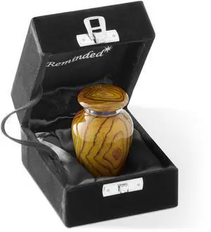 Reminded Small Cremation Memorial Urn for Human Ashes, Teak Wood Grain Miniature Keepsake Urn with Velvet Case