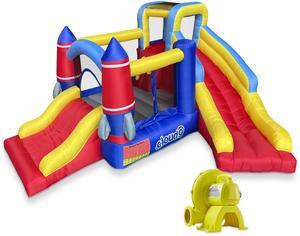 Cloud 9 Inflatable Rocket Bounce House with Blower, Bouncer for Kids with Two Slides and Large Jumping Area