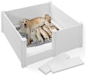 SmithBuilt 48" x 48" x 18" Whelping Box for Dogs and Puppies, Heavy Duty PVC Whelping Pen and Birthing Box with Rails and Adjustable Height Door, White
