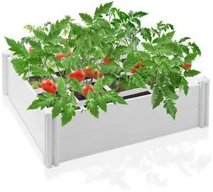 Casafield 4' x 4' x 12" White Vinyl Raised Garden Bed with Grid System, Outdoor Above Ground Planter Box for Flowers, Vegetables, and Gardening