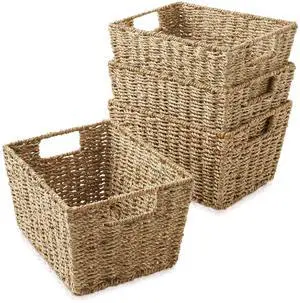 Casafield Set of 4 Seagrass Storage Baskets with Handles - Natural, Woven Rectangular Storage Bins for Shelves, Blankets, Laundry Organization