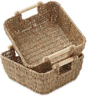 Casafield Set of 2 Seagrass Oval Storage Baskets with Wooden Handles - Small, Woven Bin Organizers