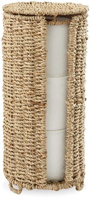 Casafield Free Standing Toilet Paper Storage Roll Holder with Lid - Natural, Fits 3 Rolls, Seagrass Bath Tissue Organizer for Bathroom