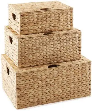 Casafield Set of 3 Water Hyacinth Rectangular Storage Baskets with Lids (Natural - Small/Medium/Large) for Bedroom, Bathroom, Laundry, Home Office