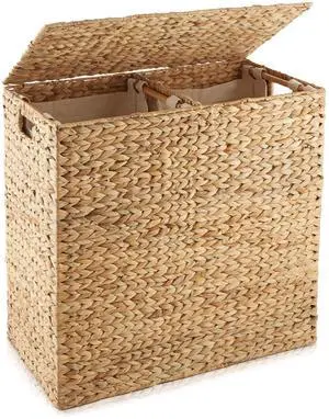 Casafield 2-Section Laundry Hamper with Removable Liner Bags - Natural, Woven Water Hyacinth Double Laundry Basket Sorter for Clothes and Towels