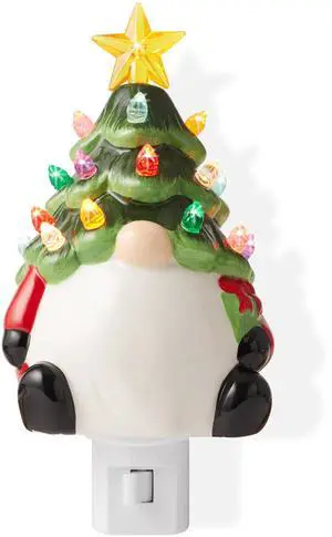 Casafield Ceramic Christmas Gnome Night Light - Green Tree Gnome Plug-in Vintage Christmas Decorative Night Light with 15 Bulbs and Star Topper
