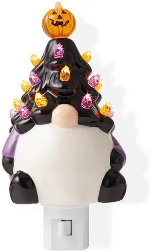 Casafield Ceramic Halloween Gnome Night Light - Black Tree Gnome Plug-in Vintage Halloween Decorative Night Light with 15 Bulbs and Star Topper