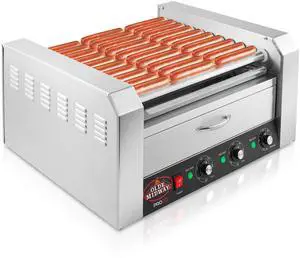 Olde Midway Electric 30 Hot Dog 11 Roller Grill Cooker Machine with Bun Warming Drawer - Commercial Grade, Stainless Steel