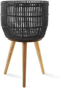 Casafield Indoor Planter with Stand, Black Floor Planter with Wood Legs, Large Plant Pot Cover with Liner for Houseplants, Flower Pots and Trees