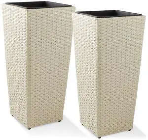 Casafield Set of 2 All-Weather Outdoor Planters with Liners, Tall Tapered Plant Boxes with Flower Pots for Front Porch, Patio, Garden - White