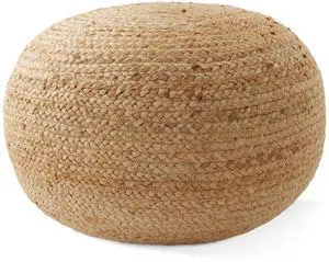 Hand-Braided Jute Pouf Ottoman Footrest, 19" Round x 10-1/2" High, Natural Woven Boho Floor Cushion, Home Decor for Living Room, Bedroom, Apartment
