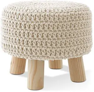 Pouf Ottoman Footstool, 13" Round x 11" High, Hand-Knitted Cotton Footrest, Non-Skid Wood Legs, Boho Foot Stool for Living Room, Bedroom (Natural)