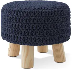 Pouf Ottoman Footstool, 13" Round x 11" High, Hand-Knitted Cotton Footrest, Non-Skid Wood Legs, Boho Foot Stool for Living Room, Bedroom (Navy Blue)