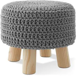 Pouf Ottoman Footstool, 13" Round x 11" High, Hand-Knitted Cotton Footrest, Non-Skid Wood Legs, Boho Foot Stool for Living Room, Bedroom (Light Gray)