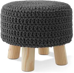 Pouf Ottoman Footstool, 13" Round x 11" High, Hand-Knitted Cotton Footrest, Non-Skid Wood Legs, Boho Foot Stool for Living Room, Bedroom (Gray)