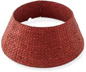 Casafield 32-Inch Christmas Tree Collar, Woven Water Hyacinth Tree Base Cover with Cord Cut Out, Red
