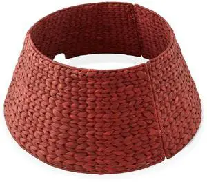 Casafield 24-Inch Christmas Tree Collar, Woven Water Hyacinth Tree Base Cover with Cord Cut Out, Red