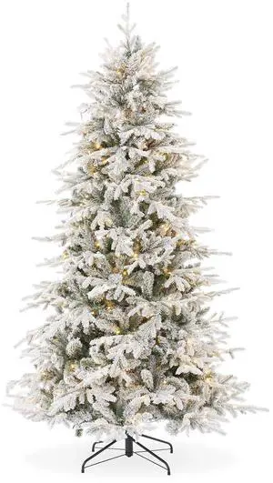 Casafield 6.5FT Pre-Lit Snow Flocked Slim Aspen Fir Christmas Tree with White & Multicolored LED Lights, Realistic Artificial Noble Fir with Metal Stand