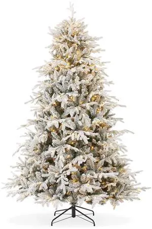 Casafield 6.5FT Pre-Lit Snow Flocked Aspen Fir Christmas Tree with White & Multicolored LED Lights, Realistic Artificial Noble Fir with Sturdy Stand