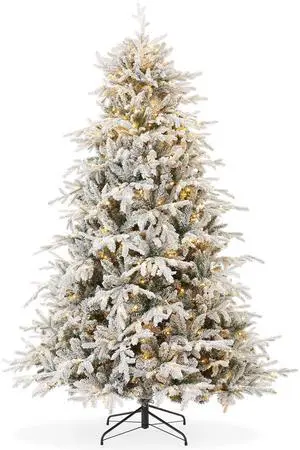 Casafield 7.5FT Pre-Lit Snow Flocked Aspen Fir Christmas Tree with White & Multicolored LED Lights, Realistic Artificial Noble Fir with Sturdy Stand