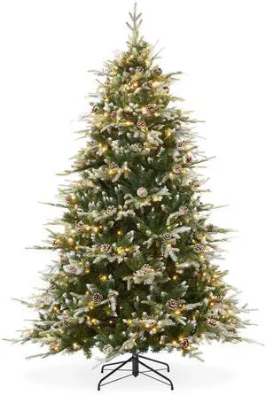 Casafield 6.5FT Pre-Lit Frosted Aspen Noble Fir Christmas Tree with White & Multicolored LED Lights, Partially Flocked Realistic Artificial Tree with Sturdy Stand