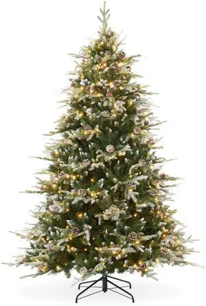 Casafield 7.5FT Pre-Lit Frosted Aspen Noble Fir Christmas Tree with White & Multicolored LED Lights, Partially Flocked Realistic Artificial Tree with Sturdy Stand