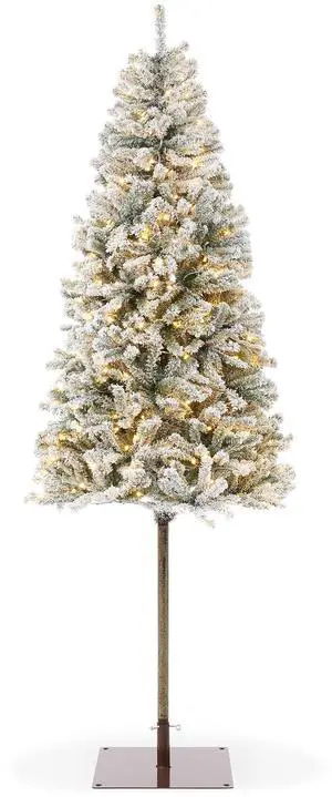 Casafield 7.5FT Pre-Lit Pencil Snow-Flocked Alpine Fir, Slim Realistic Artificial Holiday Christmas Tree with Metal Stand