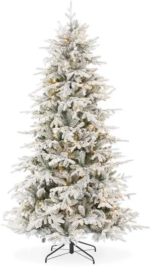 Casafield 7.5FT Pre-Lit Snow Flocked Slim Aspen Fir Christmas Tree with White & Multicolored LED Lights, Realistic Artificial Noble Fir with Metal Stand