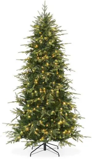 Casafield 6.5FT Pre-Lit Slim Green Aspen Fir Christmas Tree with White & Multicolored LED Lights, Realistic Artificial Noble Fir with Metal Stand