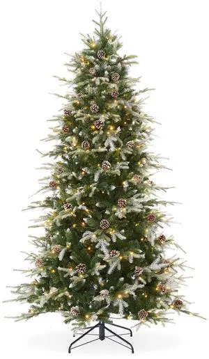 Casafield 7.5FT Pre-Lit Frosted Slim Aspen Fir Christmas Tree with White & Multicolored LED Lights, Partially Flocked Realistic Artificial Noble Fir with Metal Stand