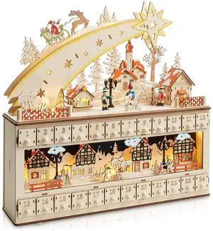 Casafield Wooden Christmas Advent Calendar with Drawers, Christmas Countdown LED Holiday Decoration with Shooting Star and Light Background