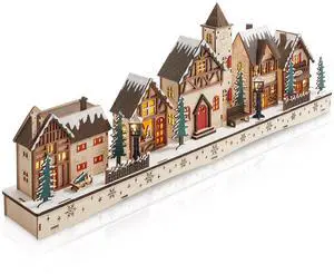 Casafield Pre-Lit Wooden Christmas Village - Miniature LED Light-Up Traditional Winter Holiday Decoration for Home, Mantel and Tabletop