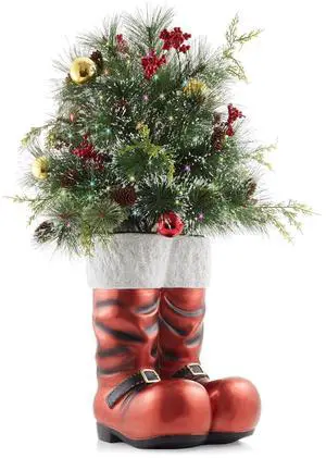 Casafield 40" Hand-Painted Ceramic Santa Boots with Pre-Lit Frosted Greenery  Outdoor Christmas Decorations for Porch, Yard, or Indoor Holiday Decor