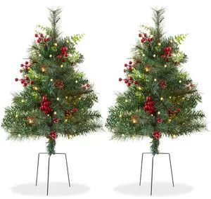 Casafield Set of 2 - 24" Outdoor Pathway Christmas Trees, Realistic Walkway Pre-Lit Holiday Decor with Red Berries, Pinecones, Mixed Greenery, and White LED Lights