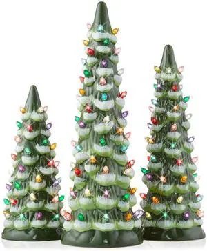 Casafield Set of 3 Hand Painted Ceramic Christmas Tree - Green Snow Flocked Pre-Lit 8, 10, 12-Inch Trees with Multi Color Lights