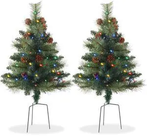Casafield Set of 2 - 24"  Outdoor Pathway Christmas Trees, Realistic Walkway Pre-Lit Holiday Decor with Pinecones and Multicolor LED Lights