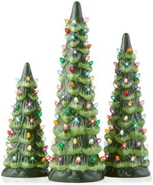 Casafield Set of 3 Hand Painted Ceramic Christmas Tree - Green Pre-Lit 8, 10, 12-Inch Trees with Multi Color Lights