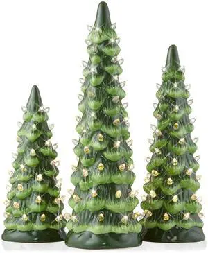 Casafield Set of 3 Hand Painted Ceramic Christmas Tree - Green Pre-Lit 8, 10, 12-Inch Trees with White Lights