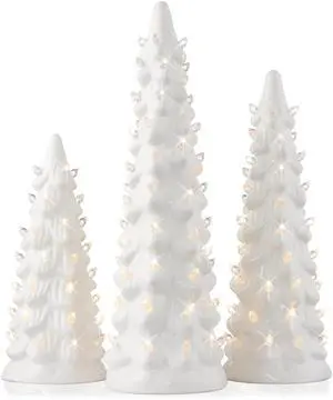 Casafield Set of 3 Hand Painted Ceramic Christmas Tree - White Pre-Lit 8, 10, 12-Inch Trees with White Lights