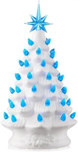 Casafield Hand Painted Ceramic Christmas Tree, White 12-Inch Pre-Lit Tree with 100 Pink and Blue Lights and 2 Star Toppers