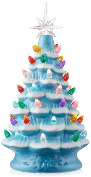 Casafield Hand Painted Ceramic Christmas Tree, Blue Snow Flocked 12-Inch Pre-Lit Tree with 100 Multi Color Lights and 2 Star Toppers